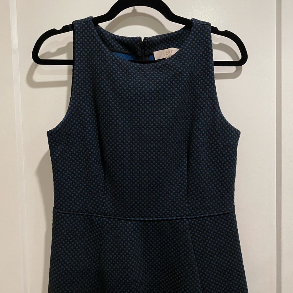 LOFT Black Blue Polka Dot dress fit flare sleeveless 6P